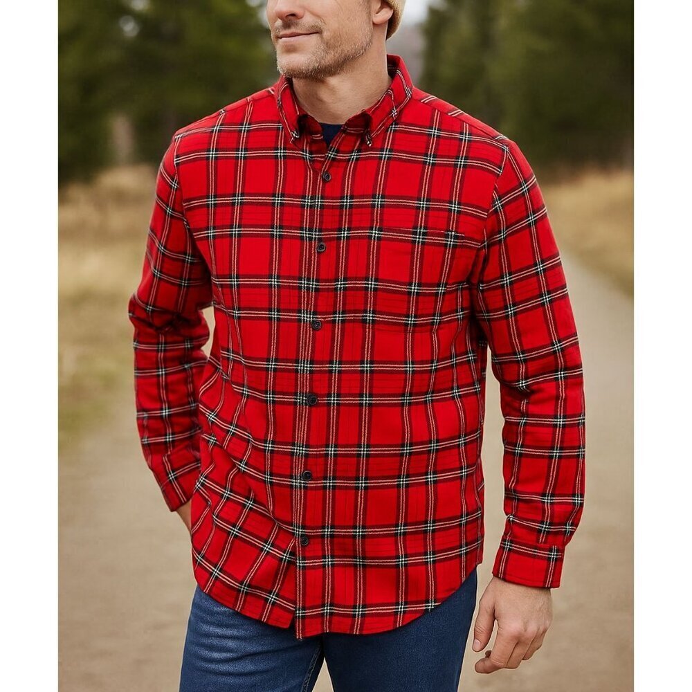 Lands' End Mens Flannel Shirt XL Traditional Fit Red Plaid Tartan Button Up